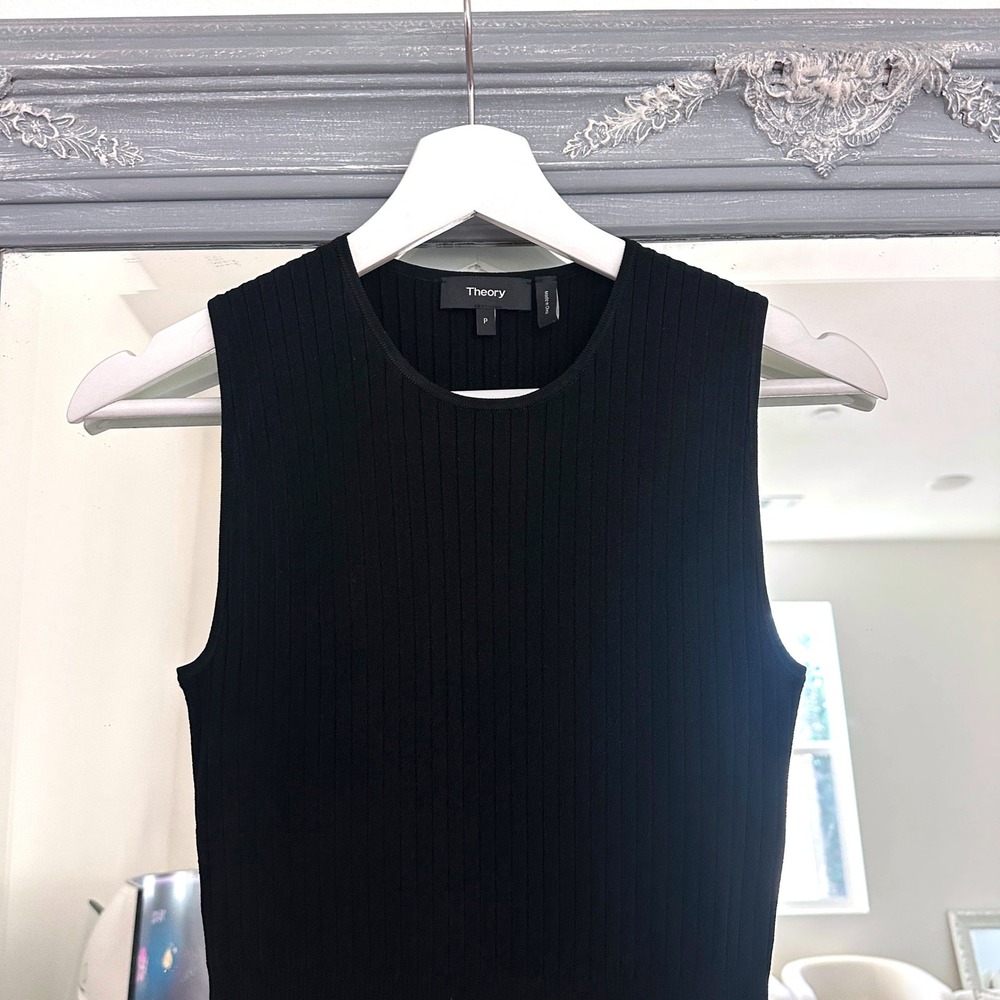 Theory Ribbed Fit & Flare Dress Sleeveless Sweater Crepe Knit Black P - Picture 4 of 10